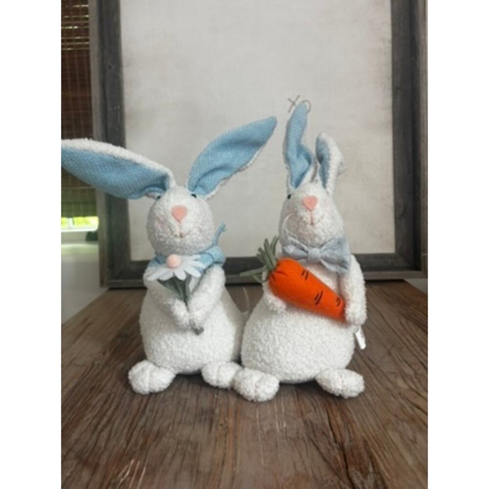 Burton + Burton Easter Bunny Decor Set Plush White Rabbits Carrot & Daisy 11"